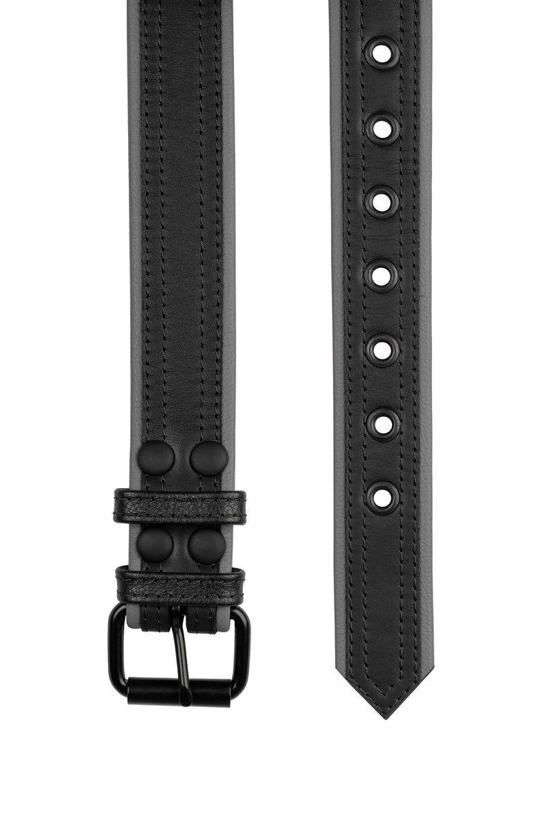 1.5" wide black and grey men's leather belt with double stitching detail and matt black buckle and hardware. Flat view.