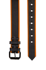 1.5" wide black and orange men's leather belt with double stitching detail and matt black buckle and hardware. Flat view.