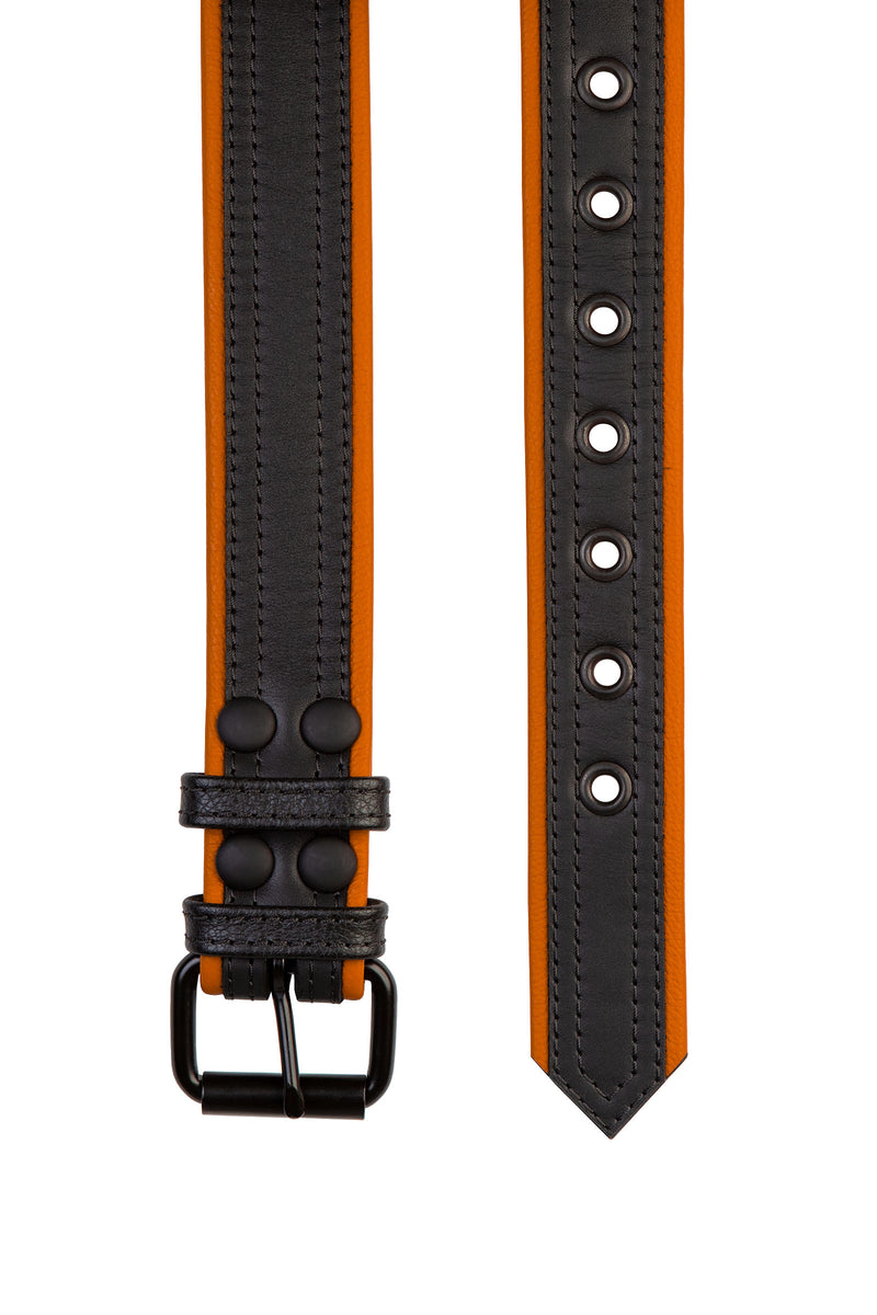 1.5" wide black and orange men's leather belt with double stitching detail and matt black buckle and hardware. Flat view.