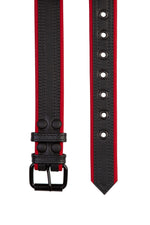 1.5" wide black and red men's leather belt with double stitching detail and matt black buckle and hardware. Flat view.