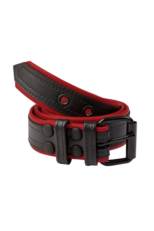 1.5" wide black and red men's leather belt with double stitching detail and matt black buckle and hardware