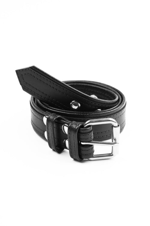 1.5" wide black men's leather belt with double stitching detail and stainless steel buckle and hardware