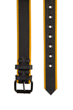 1.5" wide black and yellow men's leather belt with double stitching detail and matt black buckle and hardware. Flat view.