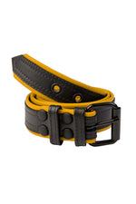 1.5" wide black and yellow men's leather belt with double stitching detail and matt black buckle and hardware
