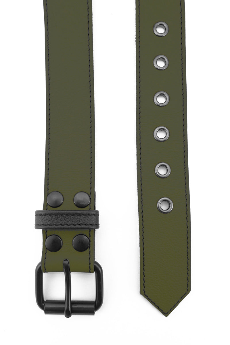 1.5" wide army green leather corporal belt with black rivets, buckle and belt keeper