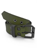 1.5" wide army green leather corporal belt with black rivets, buckle and belt keeper