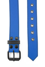 1.5" wide blue leather corporal belt with black rivets, buckle and belt keeper
