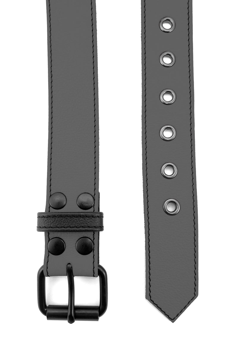 1.5" wide grey leather corporal belt with black rivets, buckle and belt keeper