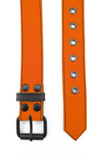 1.5" wide orange leather corporal belt with black rivets, buckle and belt keeper