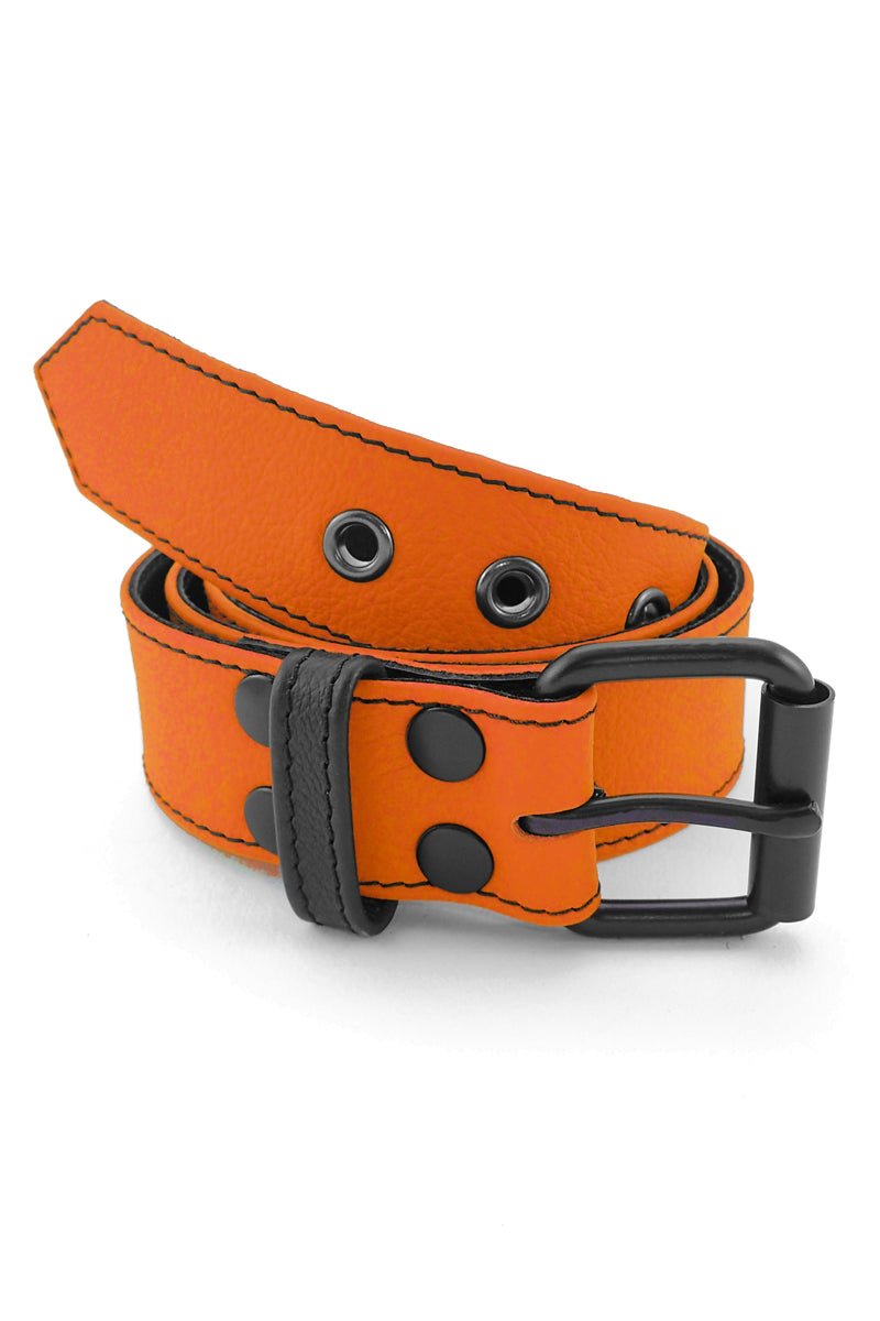 1.5" wide orange leather corporal belt with black rivets, buckle and belt keeper