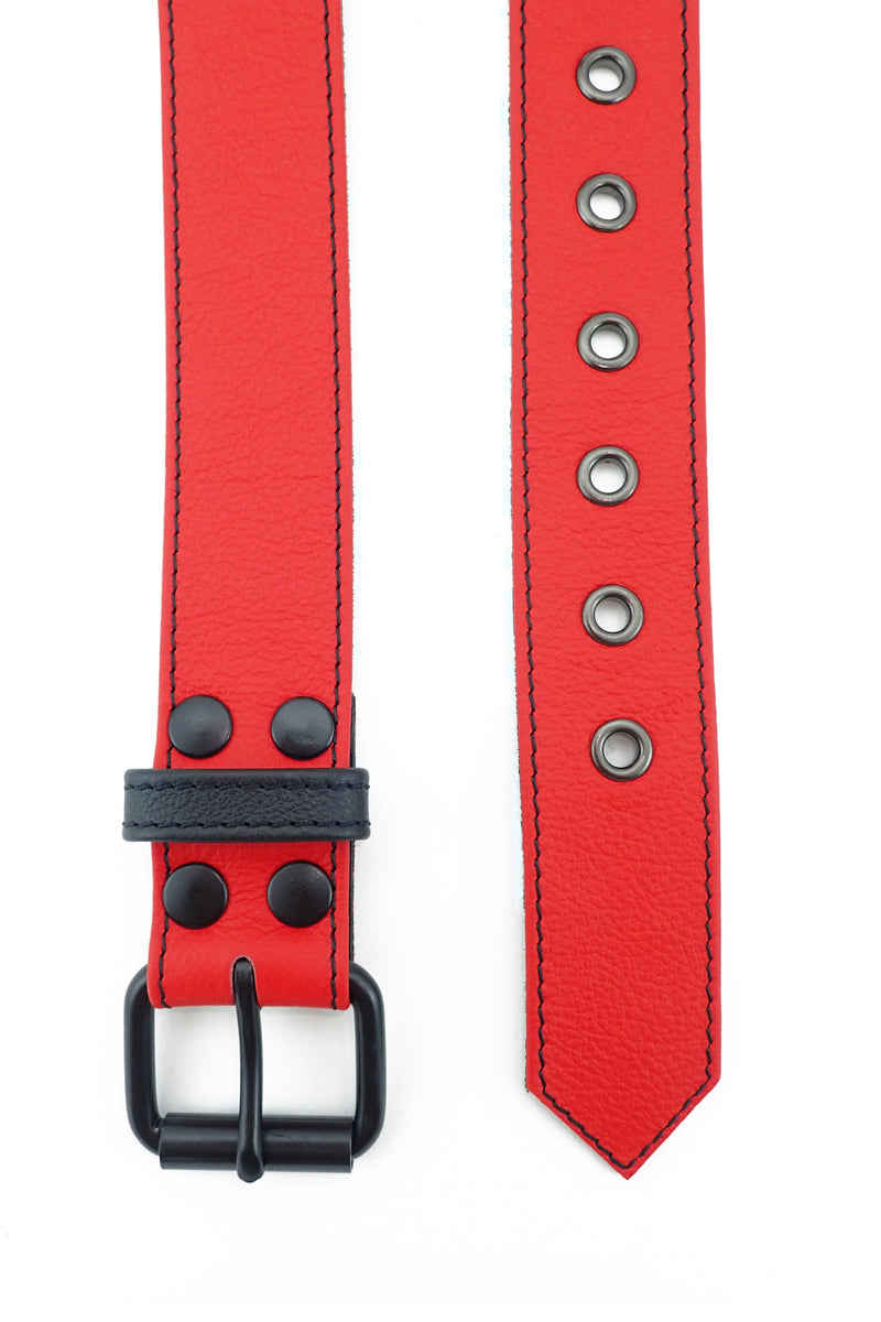 1.5" wide red leather corporal belt with black rivets, buckle and belt keeper