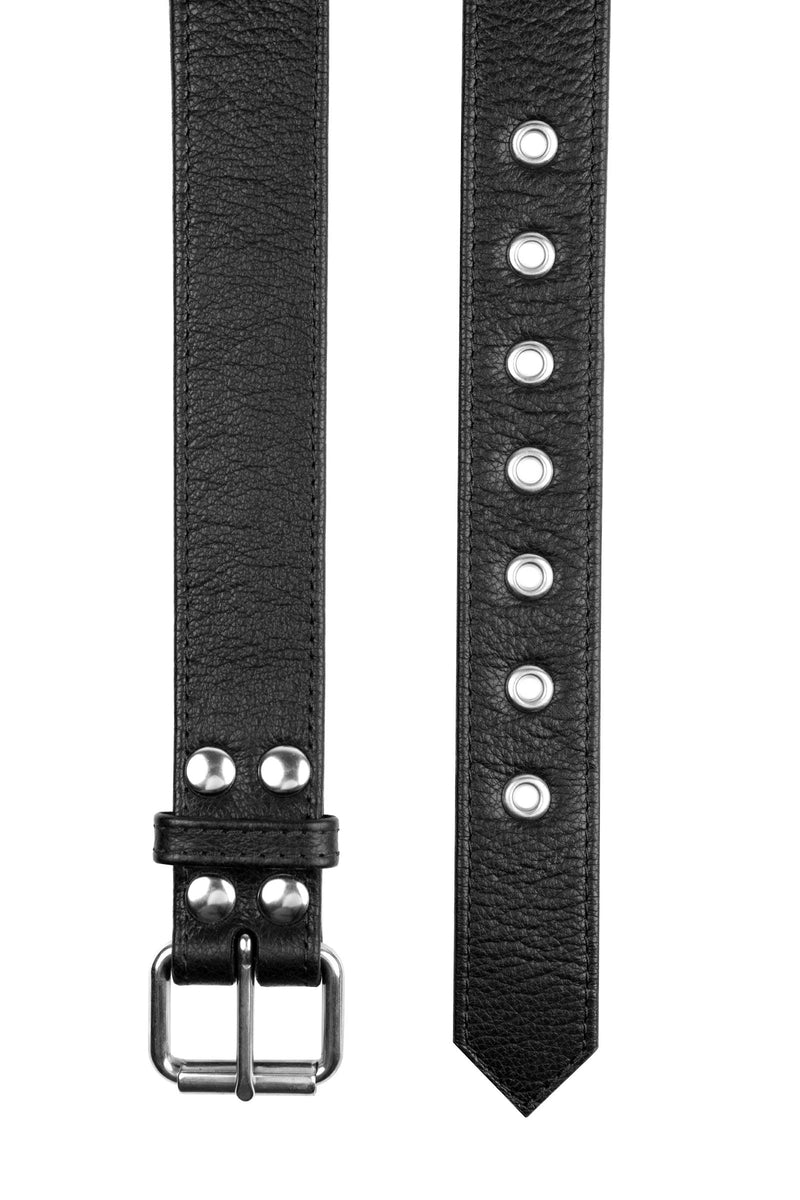 1.5" wide black men's leather belt with stainless steel buckle flat view
