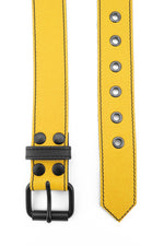 1.5" wide yellow leather corporal belt with black rivets, buckle and belt keeper