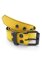 1.5" wide yellow leather corporal belt with black rivets, buckle and belt keeper