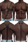 Model wearing army green and black leather braces with black metal hardware attached to jeans.