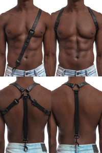 Model wearing black leather braces with black metal hardware worn 4 ways.