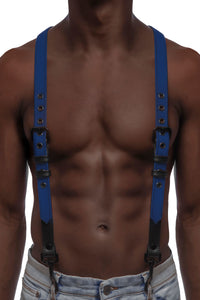 Model wearing blue and black leather braces with black metal hardware attached to jeans. Front view.