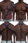 Model wearing blue and black leather braces with black metal hardware attached to jeans.