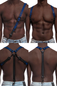 Model wearing blue and black leather braces with black metal hardware attached to jeans.