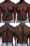 Model wearing grey and black leather braces with black metal hardware attached to jeans.