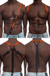 Model wearing orange and black leather braces with black metal hardware attached to jeans.