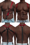 Model wearing red and black leather braces with black metal hardware attached to jeans.