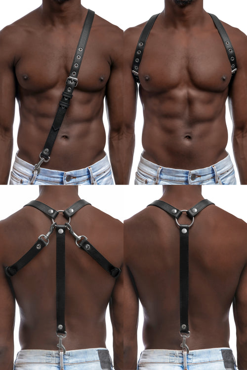 Model wearing black leather braces with stainless steel hardware worn 4 ways.