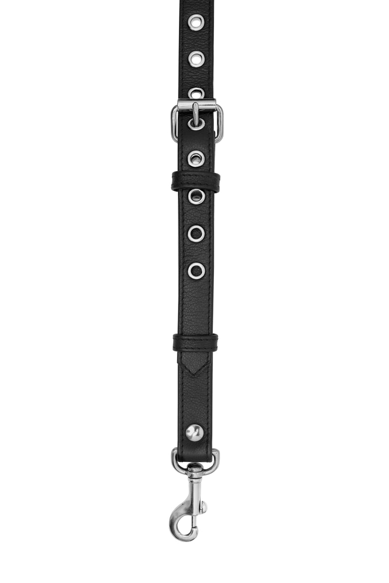 Black leather braces end with stainless steel hardware.