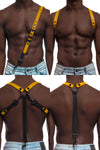 Model wearing yellow and black leather braces with black metal hardware attached to jeans.