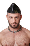 Model wearing black flight cap with army green stripes