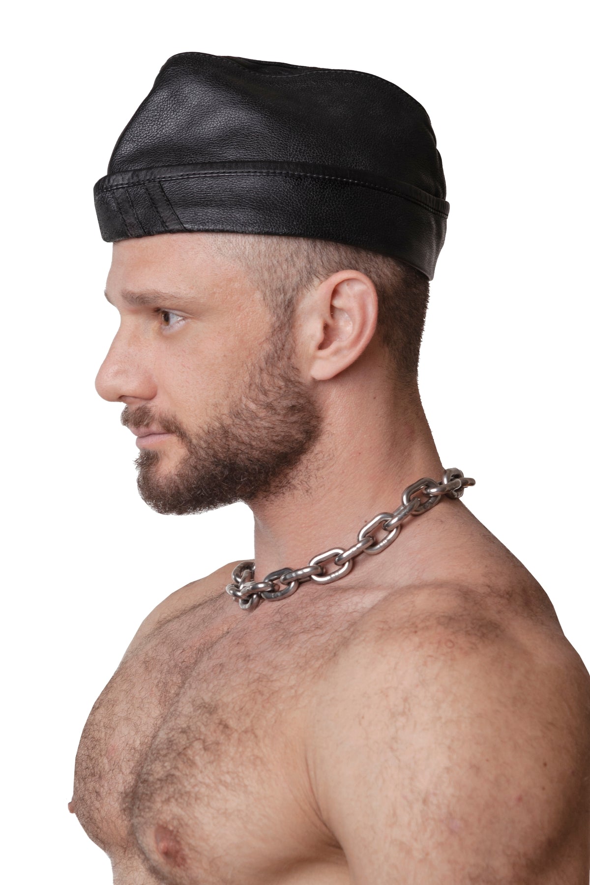 Model wearing black flight cap