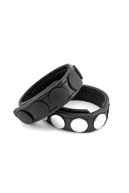 3/4" wide black leather cockrings with matt black or and stainless steel snaps, stacked