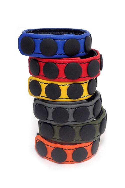 6 coloured leather 3/4" wide cockrings stacked