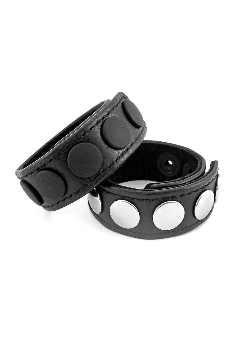 1" wide black leather cockrings with matt black or and stainless steel snaps, stacked