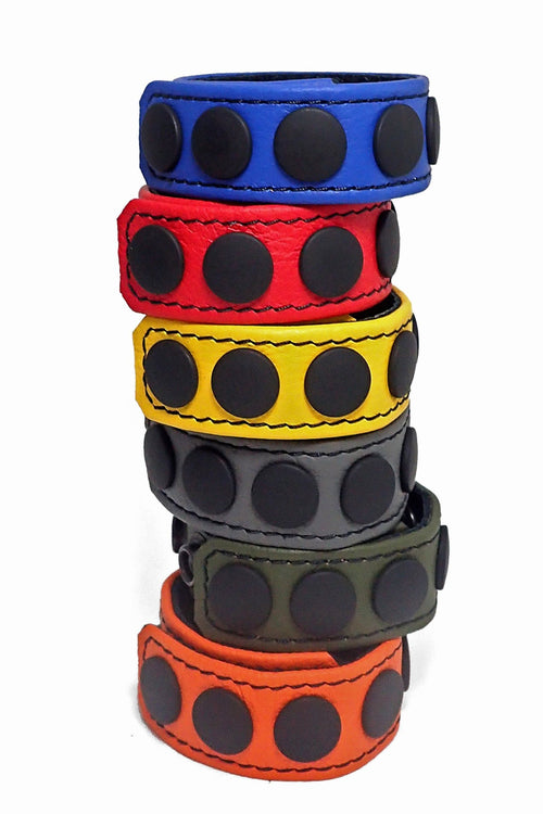 6 coloured leather 1" wide cockrings stacked