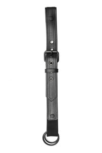 Black leather bulldog cockstrap with matt black metal hardware