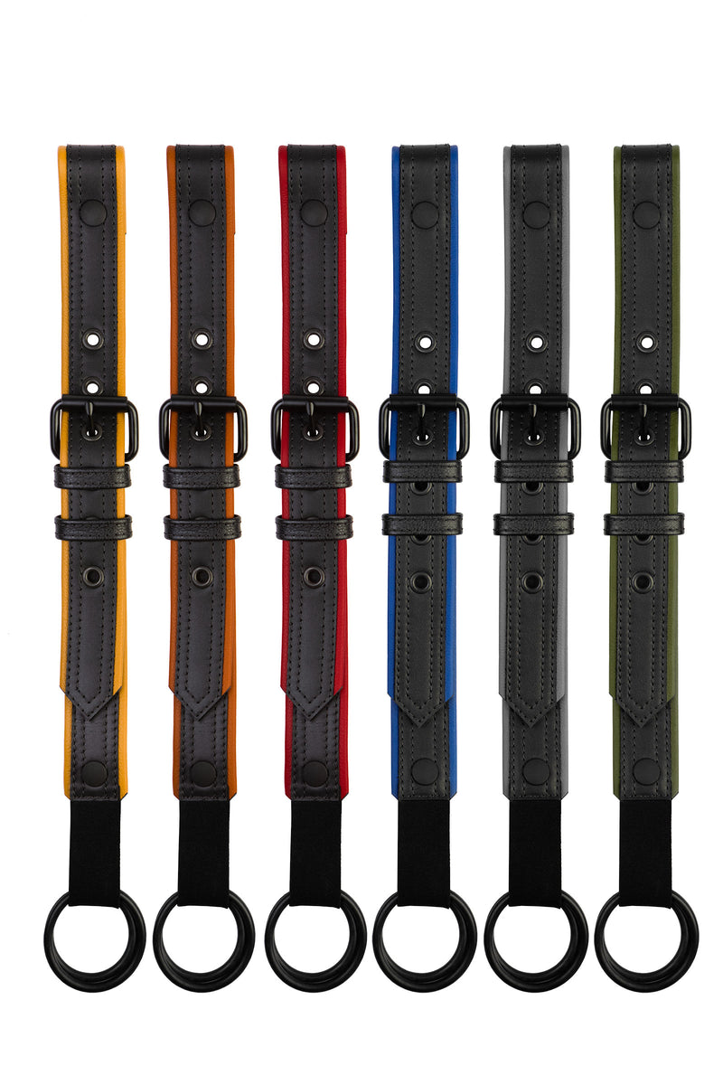 Six coloured combat cockstraps. Front view.