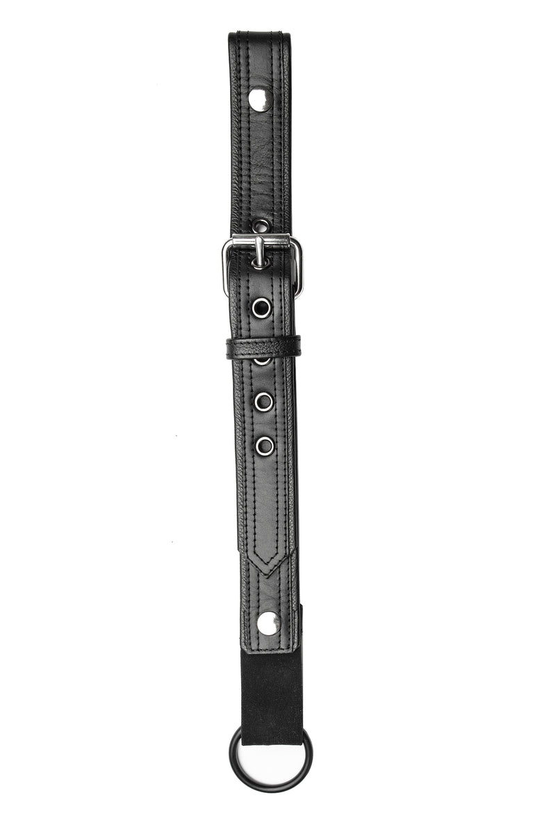 Black leather bulldog cockstrap with stainless steel hardware