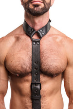 Model wearing black leather cockstrap collar