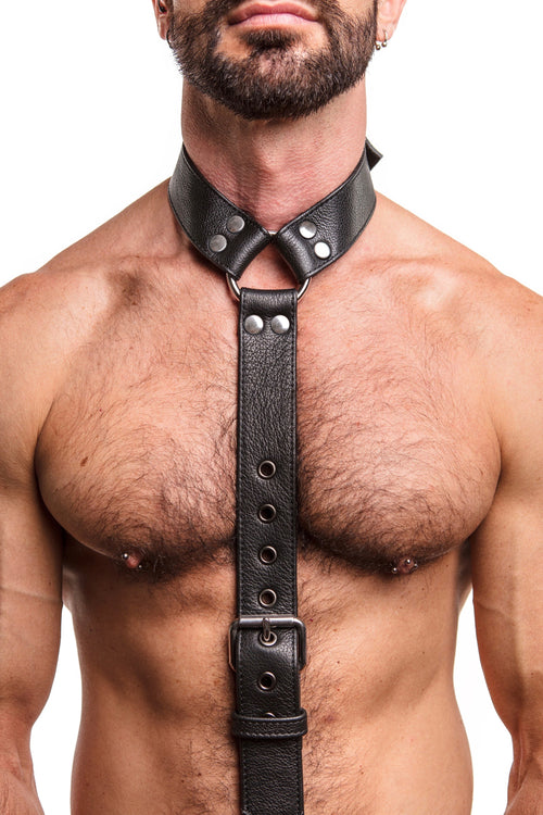 Model wearing stainless steel black leather cockstrap collar