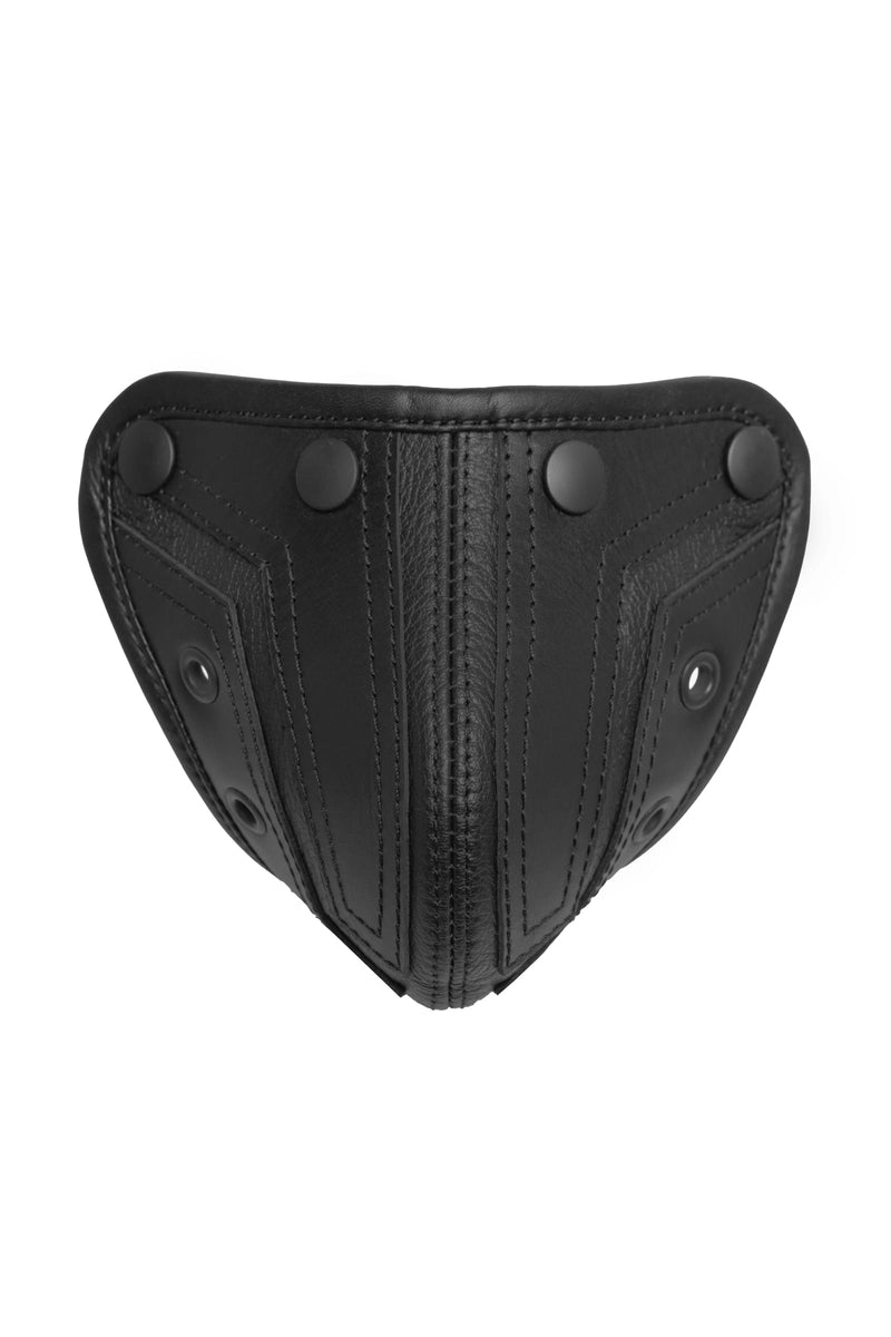 Black leather codpiece with decorative stitching and black snaps front view