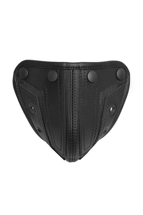 Black leather codpiece with decorative stitching and black snaps front view