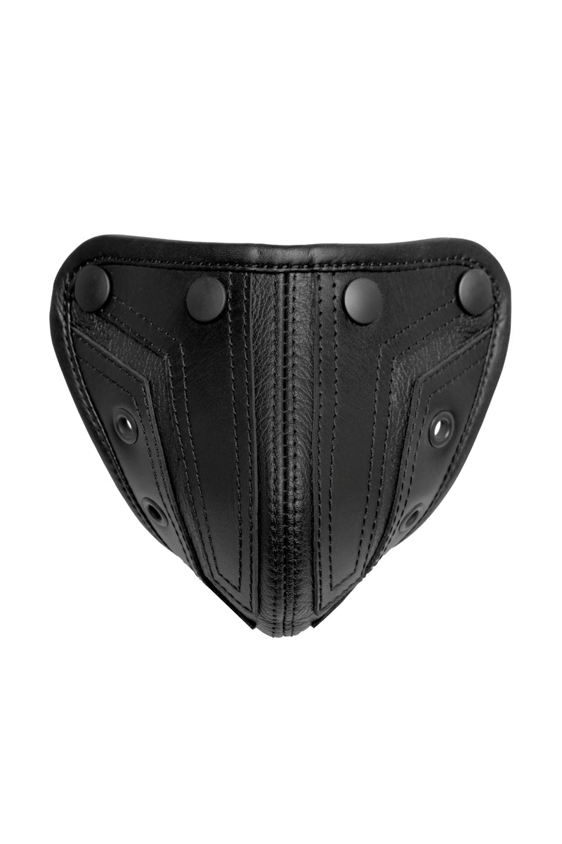 Product photo of a black leather combat codpiece