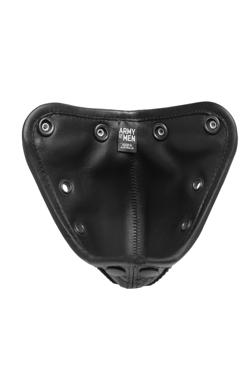 Black leather codpiece with decorative stitching and black snaps lining view