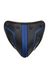 Black and blue combat codpiece. Front view.