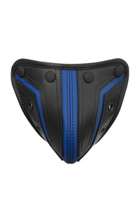 Black and blue combat codpiece. Front view.