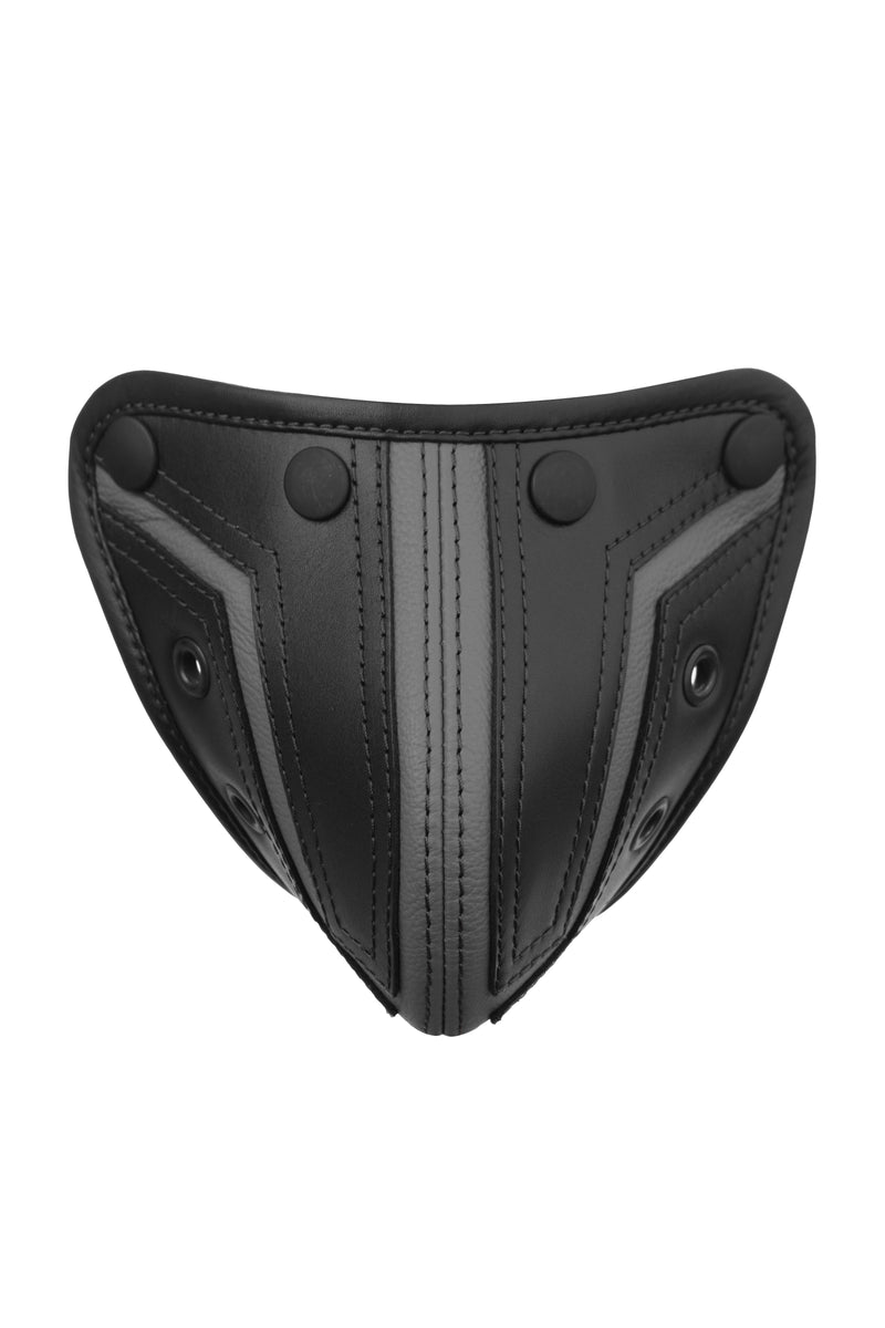 Black and grey combat codpiece. Front view.
