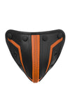 Black and orange combat codpiece. Front view.