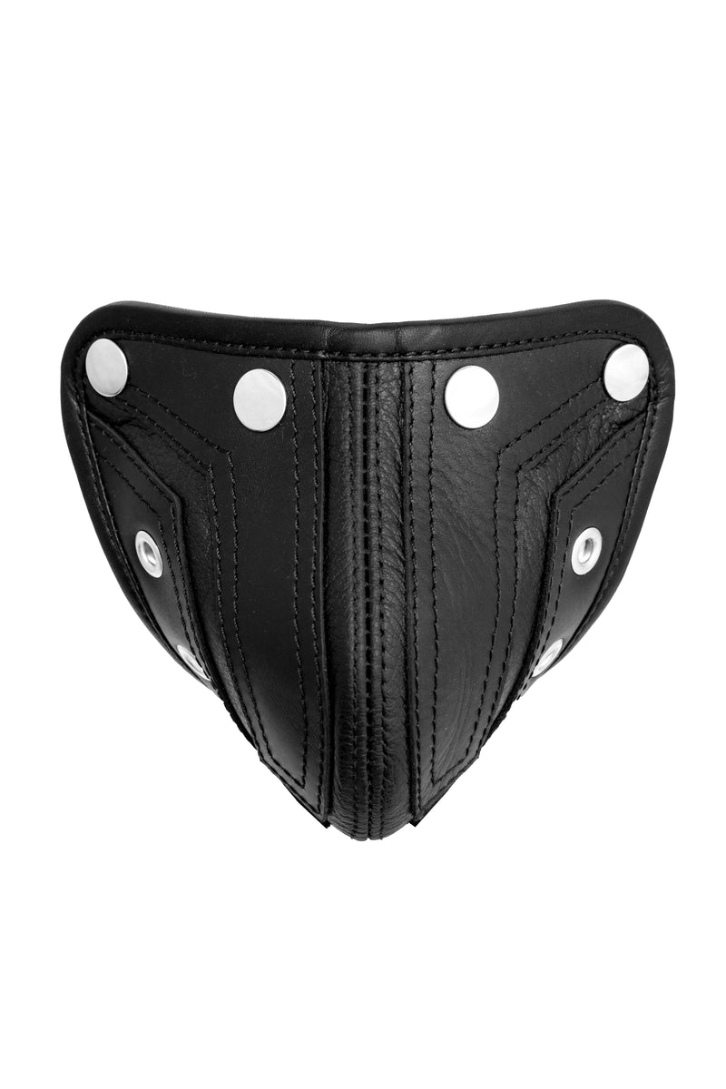 Product photo of a black leather and stainless steel combat codpiece