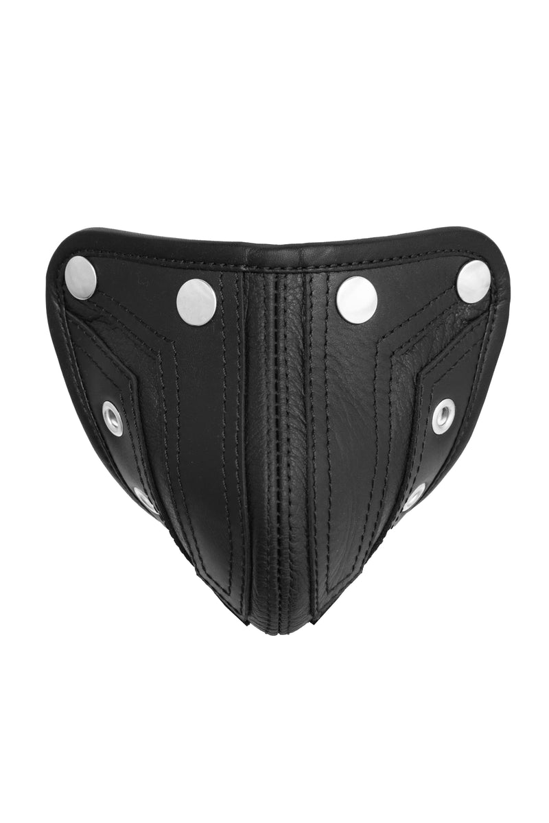 Black leather codpiece with decorative stitching and stainless steel snaps front view